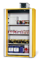 Bezpečnostní skříň s požární odolností 90min, skládací dveře_3x police, 1x spodní záchytná vana, ocelový poplastovaný plech